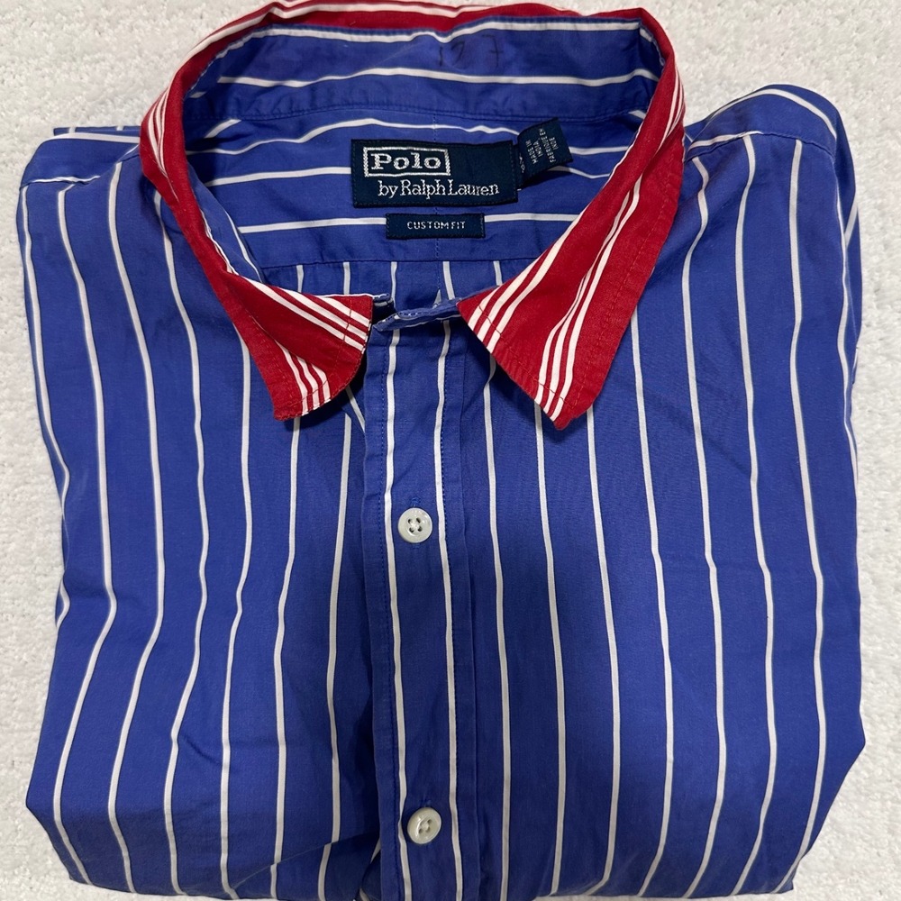 Vintage Polo Ralph Lauren Blue White Stripe Button Down Shirt XL